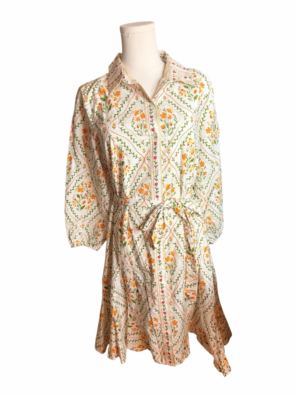 Floral Shirt Dress Button Front Belted Cottagecore Boho Flowy Size M